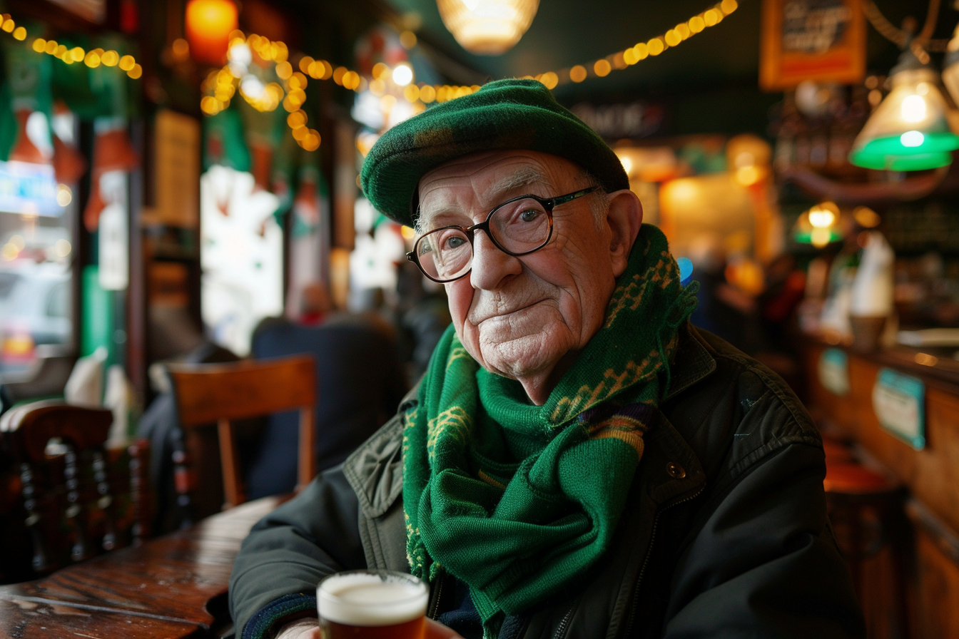 Image gratuite Homme âgé, écharpe verte, lunettes, pub décorations irlandaises 1