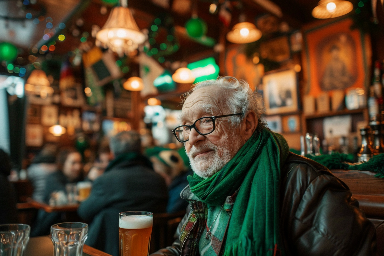 Image gratuite Homme âgé, écharpe verte, lunettes, pub décorations irlandaises 2