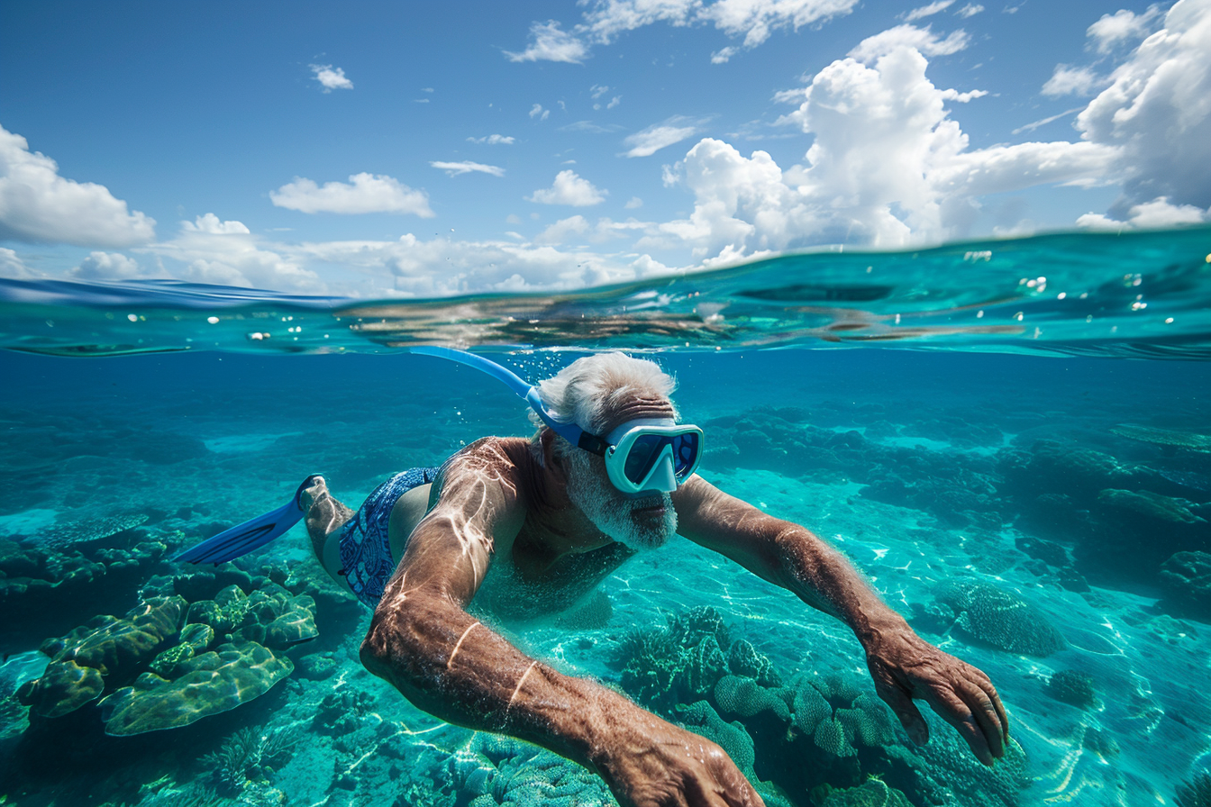 Image gratuite Homme âgé faisant de la plongée avec tuba à la mer 1