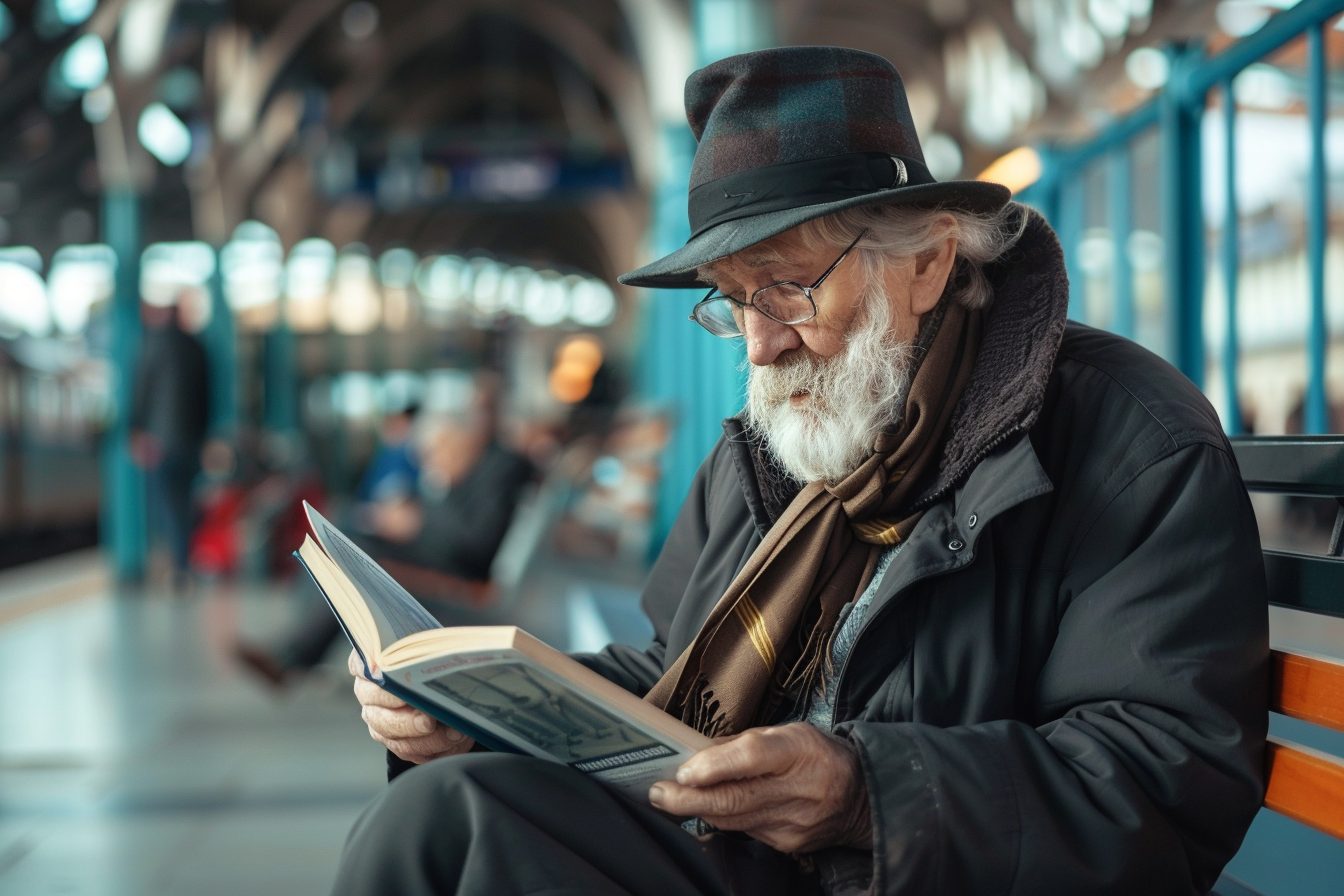 Image gratuite Homme âgé lisant à la gare 3
