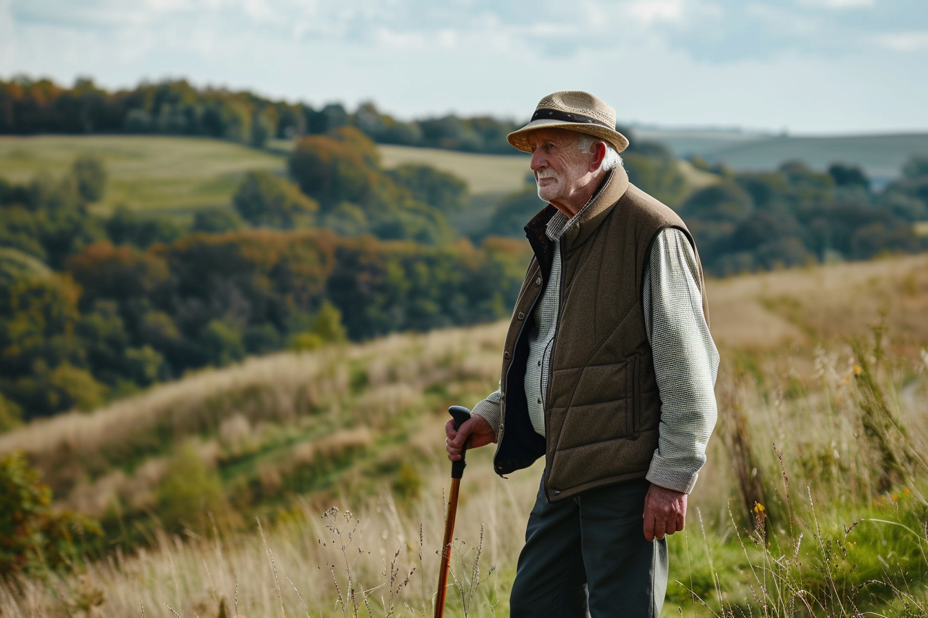 Image gratuite Homme âgé montant une colline à la campagne 1