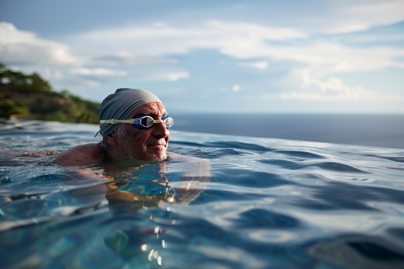Image gratuite Homme âgé nageant dans une piscine à débordement avec vue sur l&rsquo;océan 2