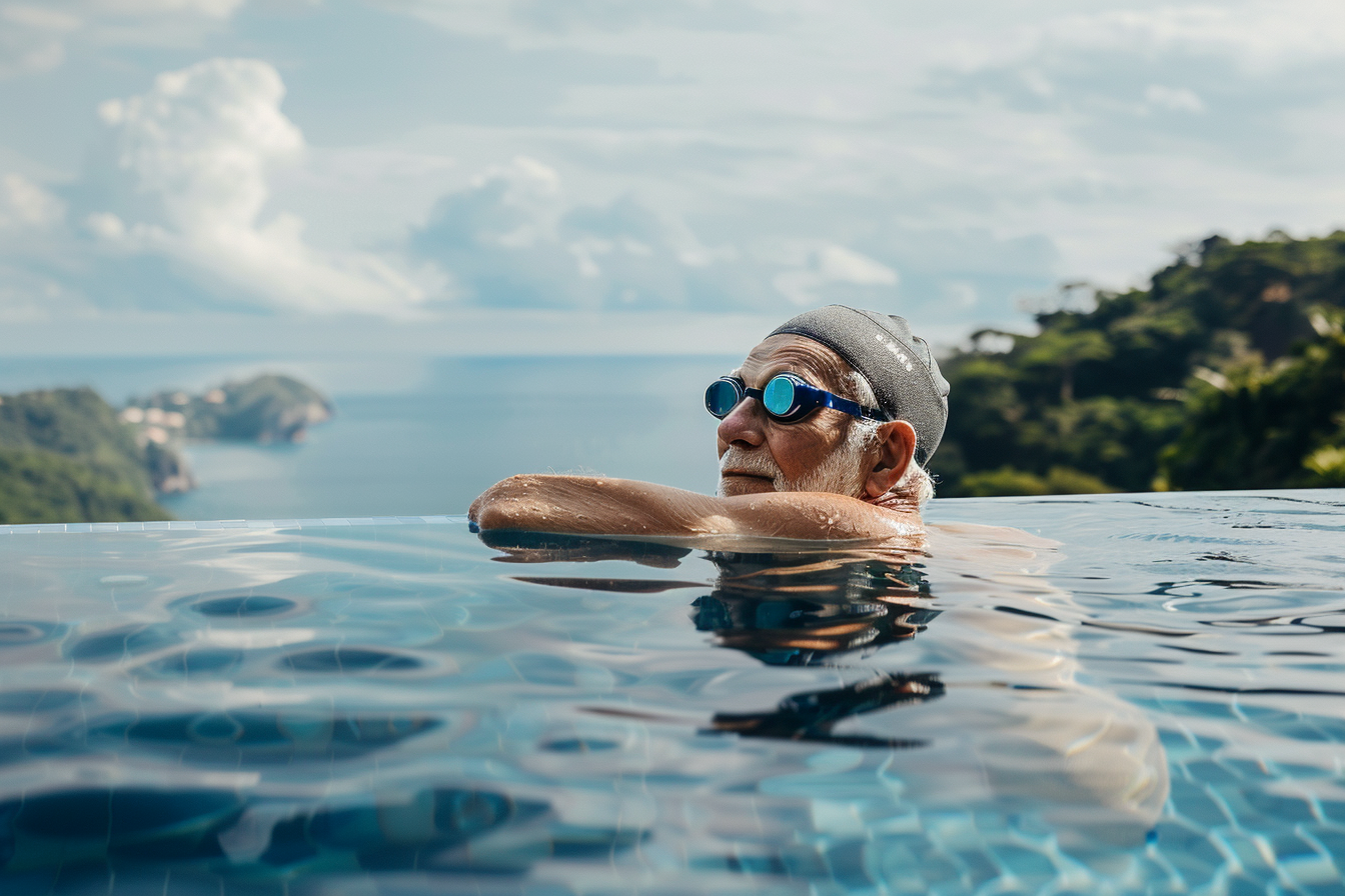 Image gratuite Homme âgé nageant dans une piscine à débordement avec vue sur l&rsquo;océan 4