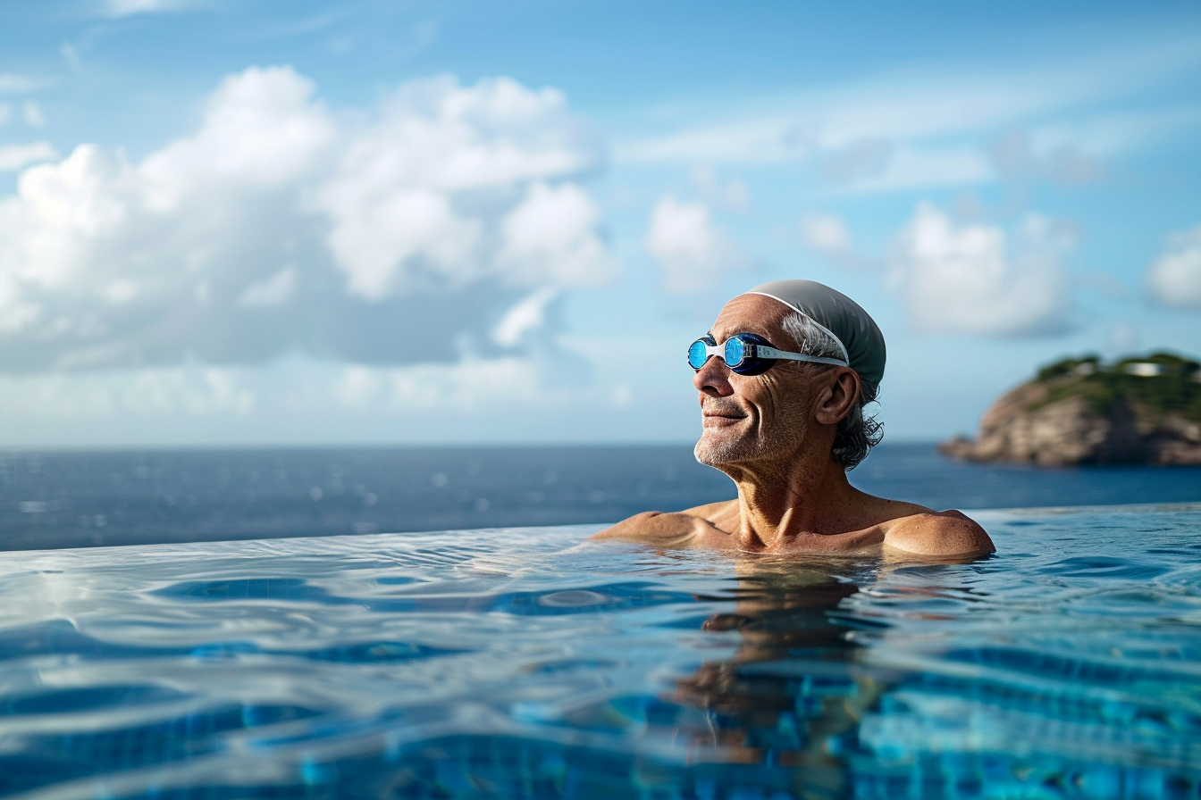 Image gratuite Homme âgé nageant dans une piscine à débordement avec vue sur l&rsquo;océan 5