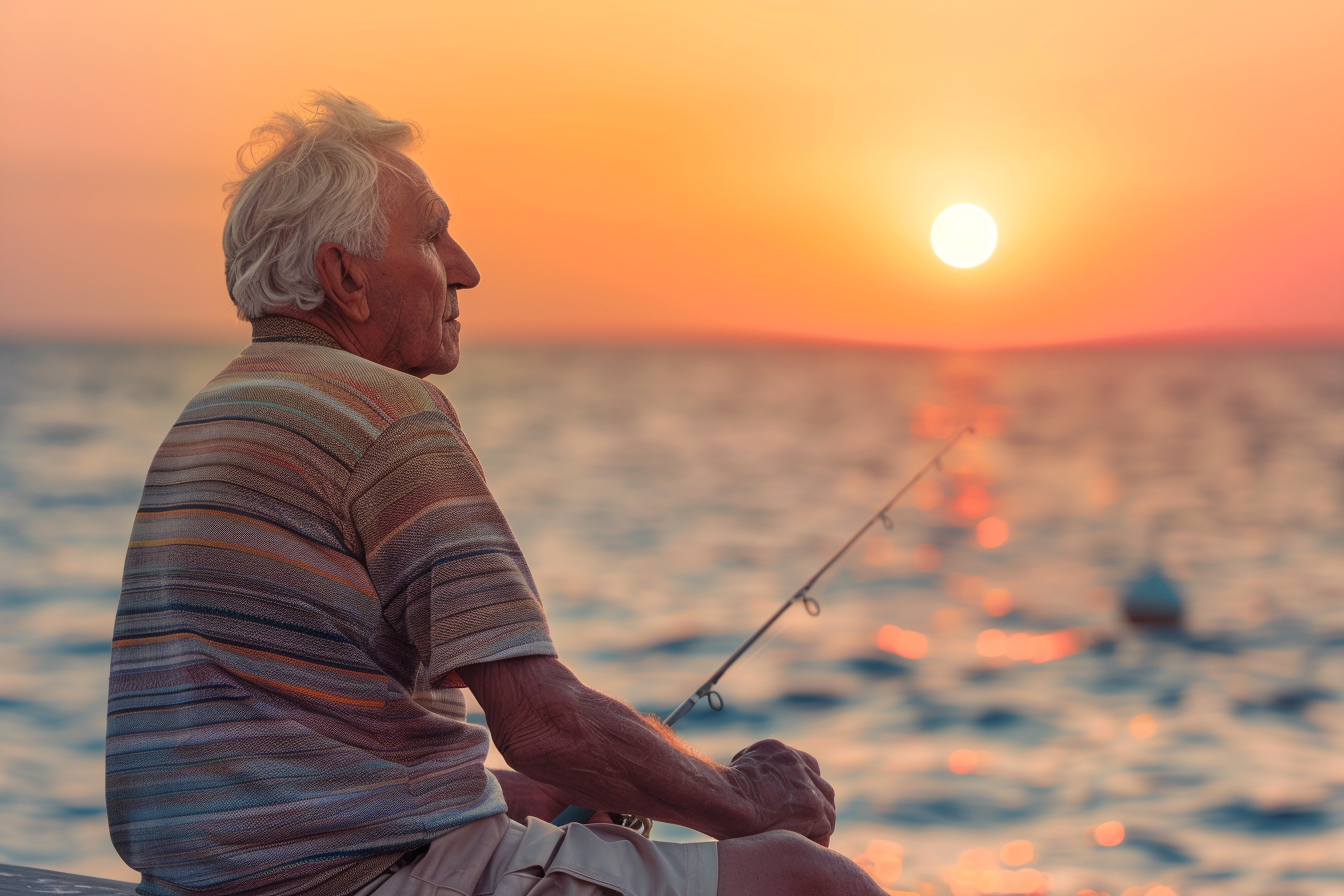 Image gratuite Homme âgé pêchant au coucher du soleil sur la mer 2