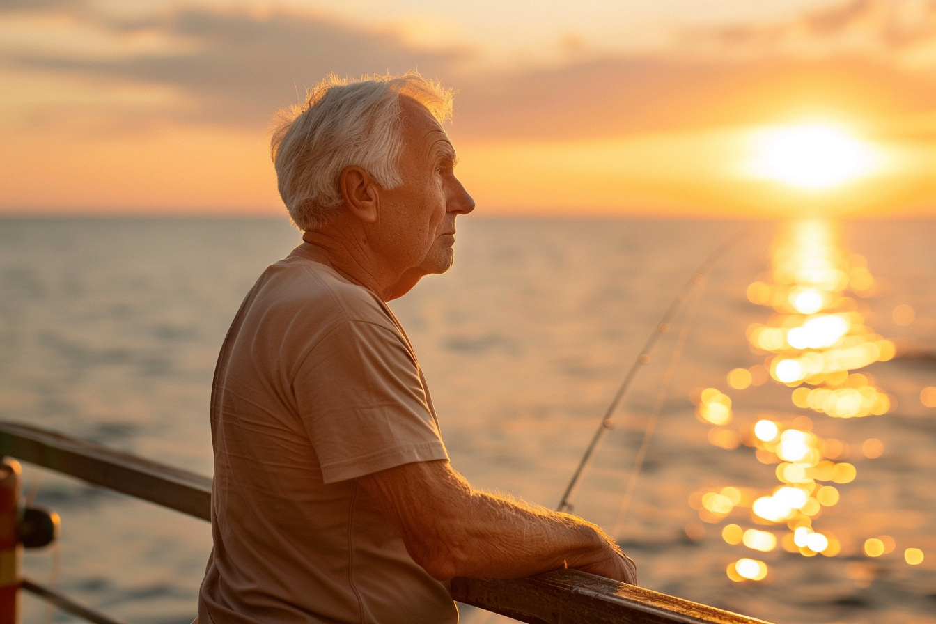 Image gratuite Homme âgé pêchant au coucher du soleil sur la mer 3