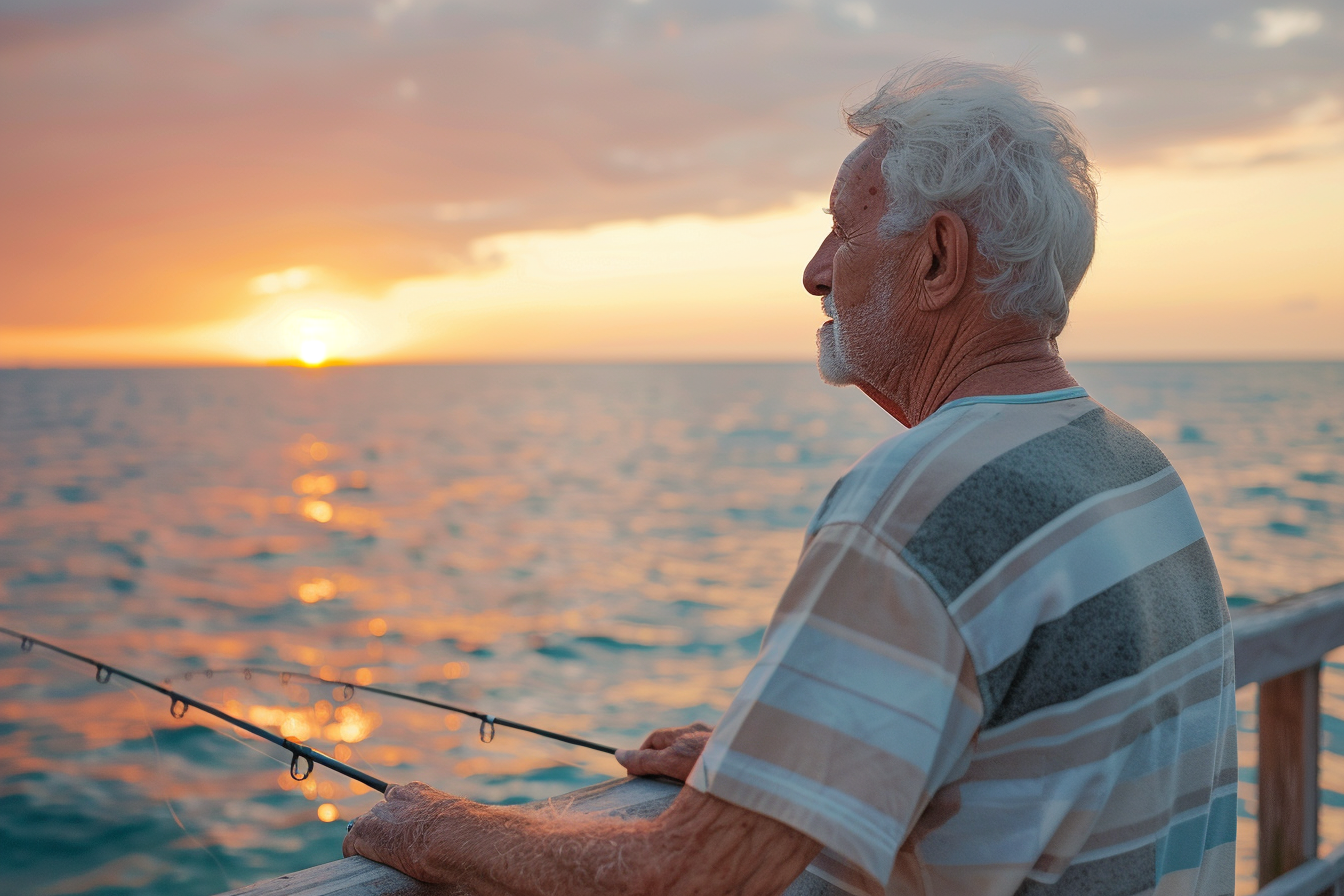 Image gratuite Homme âgé pêchant au coucher du soleil sur la mer 4