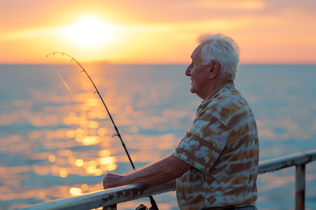 Image gratuite Homme âgé pêchant au coucher du soleil sur la mer 5