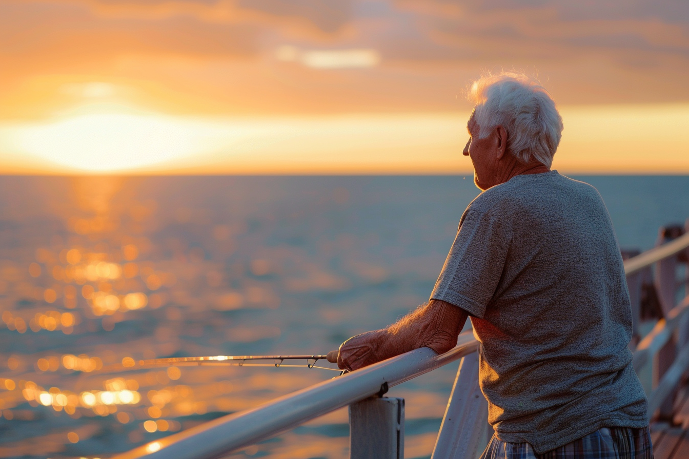 Image gratuite Homme âgé pêchant au coucher du soleil sur la mer 6
