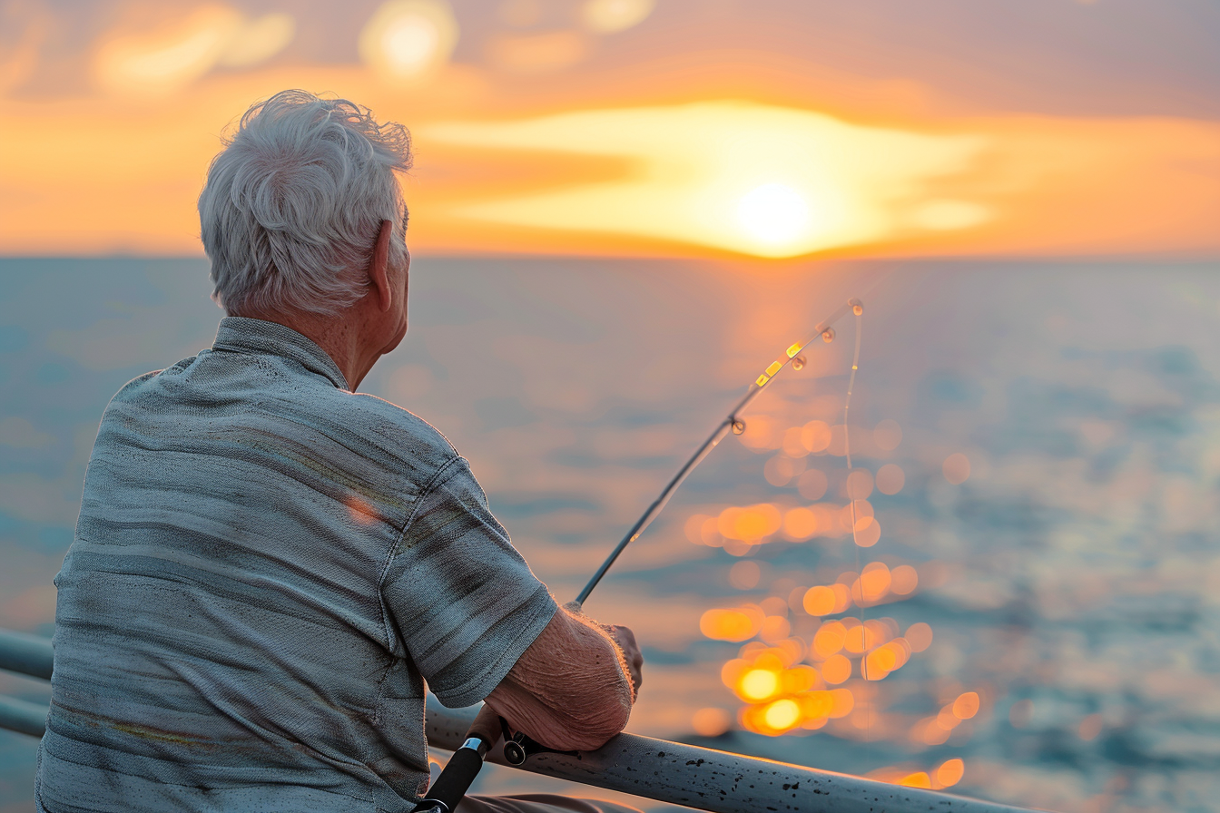 Image gratuite Homme âgé pêchant au coucher du soleil sur la mer 7