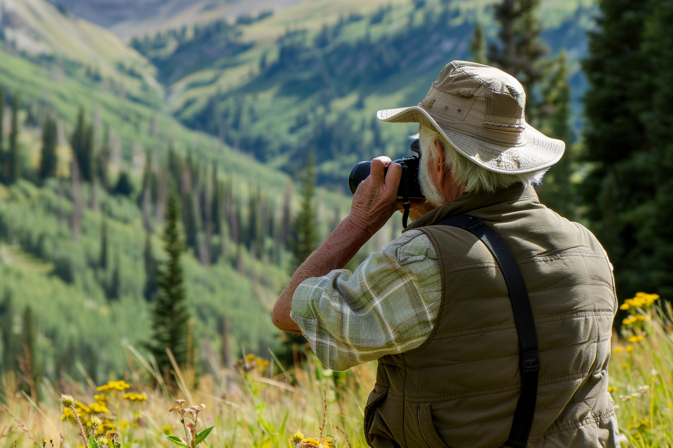 Image gratuite Homme âgé photographiant la faune en montagne 2