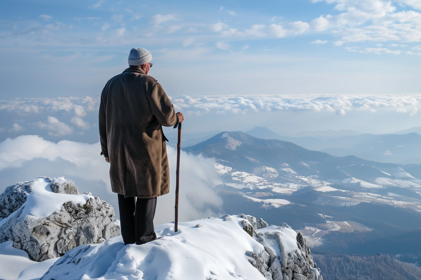 Image gratuite Homme âgé profitant de la vue en montagne enneigée 4