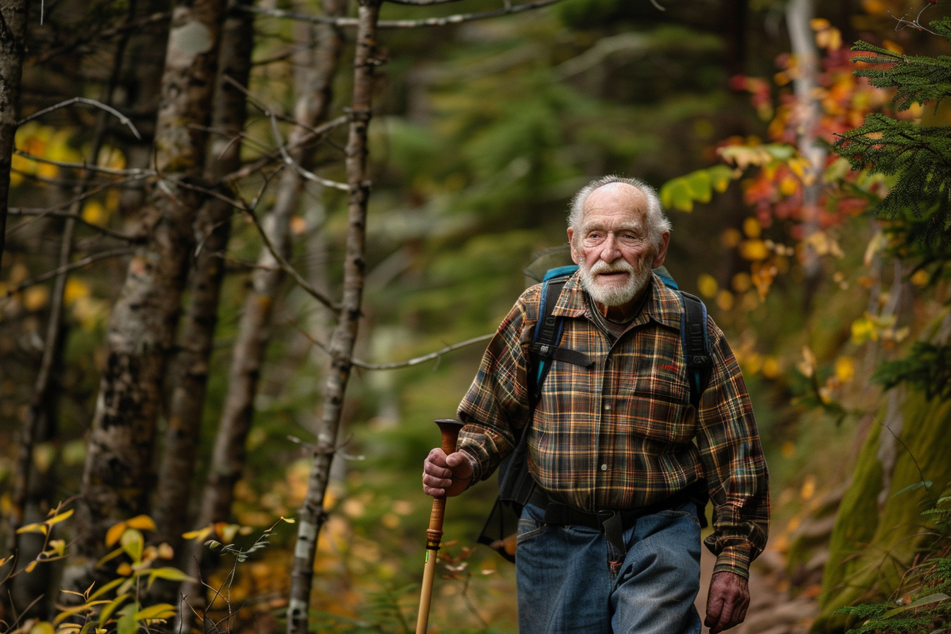 Image gratuite Homme âgé randonnant sur un sentier boisé 1