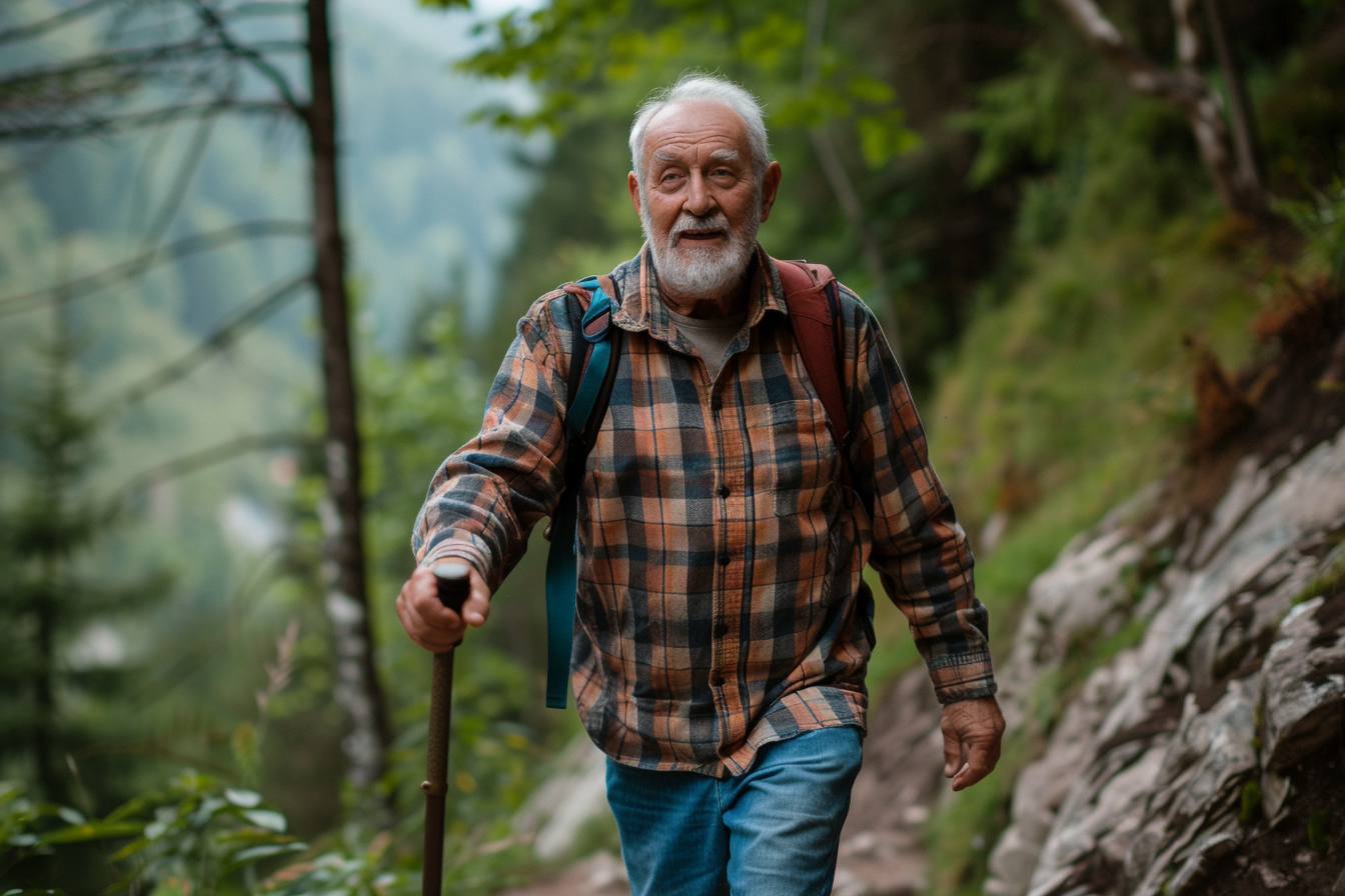 Image gratuite Homme âgé randonnant sur un sentier boisé 2