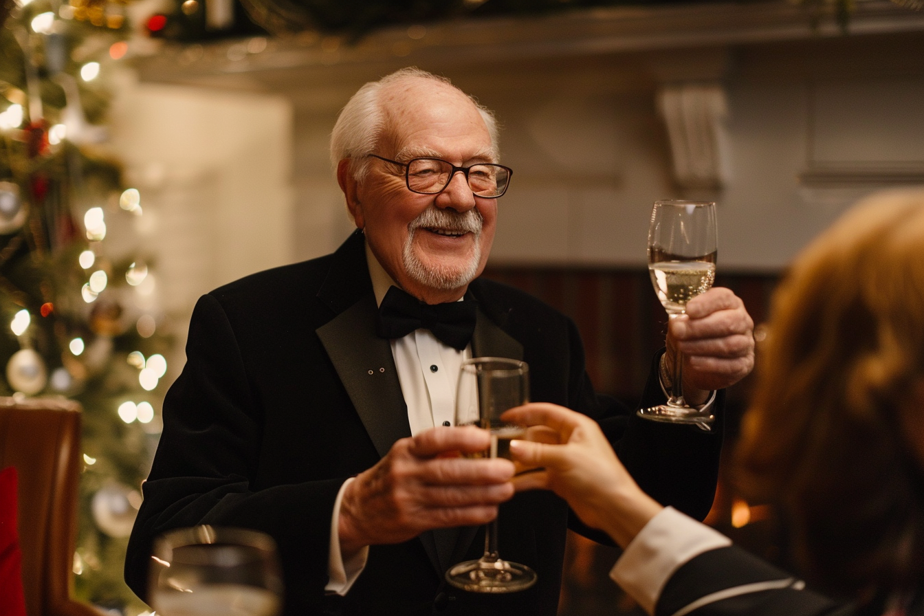 Image gratuite Homme âgé, smoking, toast amis, salon cheminée, Nouvel An 1