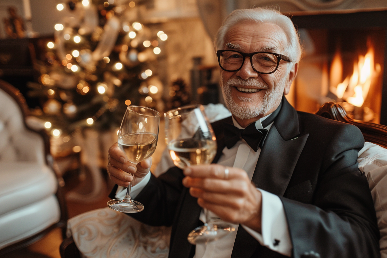 Image gratuite Homme âgé, smoking, toast amis, salon cheminée, Nouvel An 3