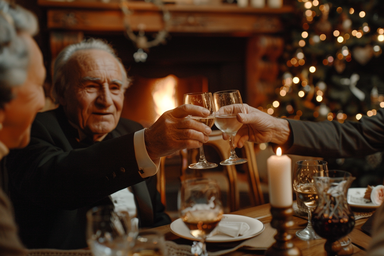 Image gratuite Homme âgé, smoking, toast amis, salon cheminée, Nouvel An 4