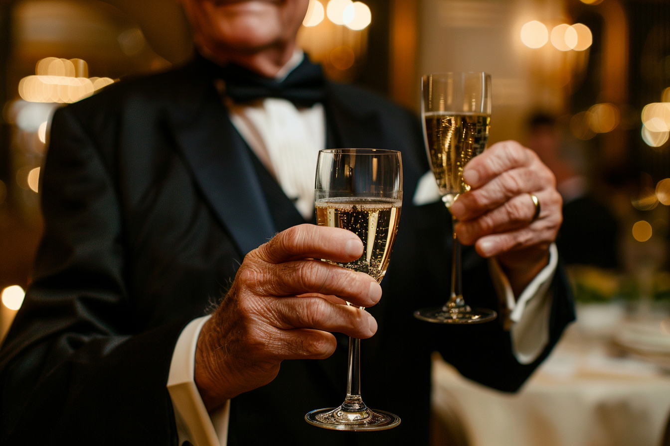 Image gratuite Homme âgé, smoking, toast champagne, salle bal luxueuse 1