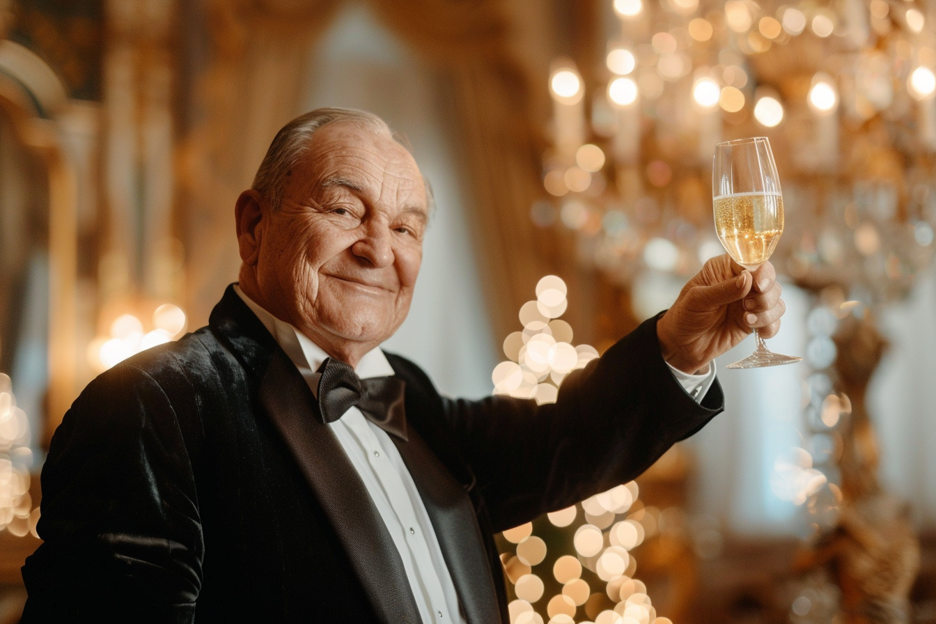 Image gratuite Homme âgé, smoking, toast champagne, salle bal luxueuse 2