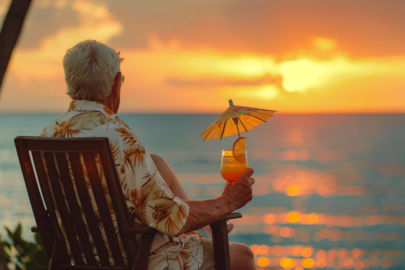 Image gratuite Homme âgé tenant un cocktail avec un parapluie en regardant le coucher du soleil 1