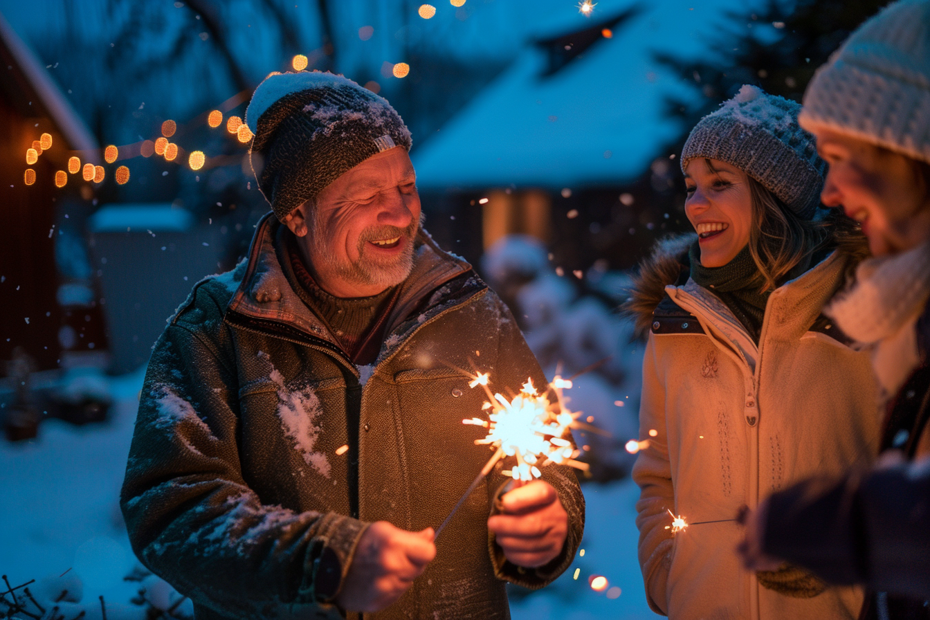 Image gratuite Homme, allumant cierges magiques, famille, cour enneigée 1