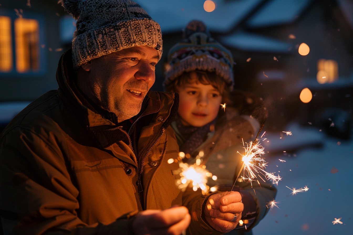 Image gratuite Homme, allumant cierges magiques, famille, cour enneigée 2