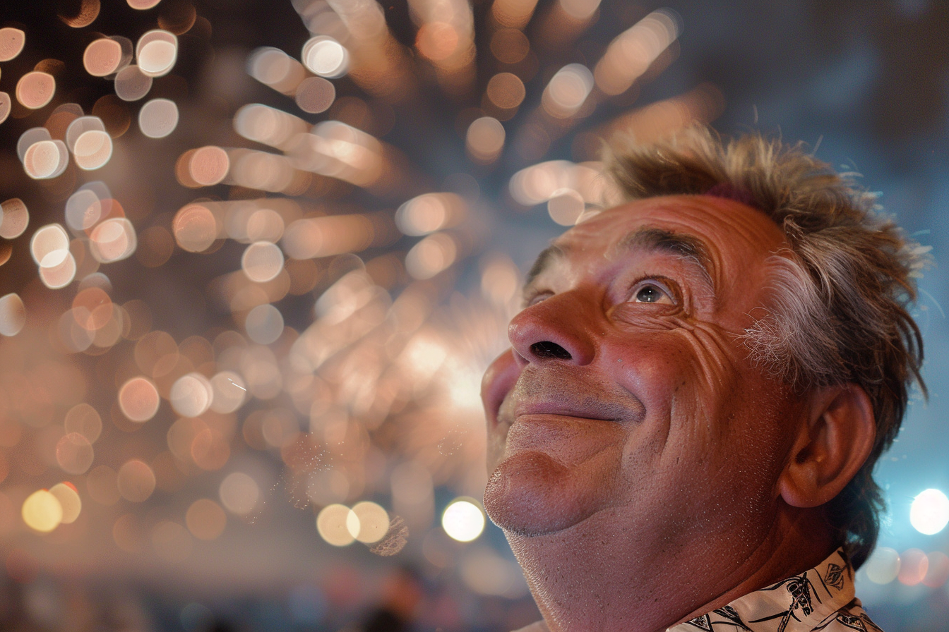 Image gratuite Homme appréciant les feux d&rsquo;artifice du 14 juillet 1