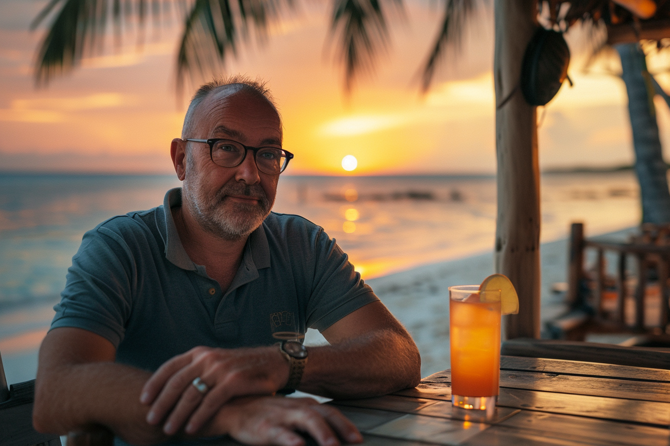 Image gratuite Homme appréciant un cocktail au bar de la plage au coucher du soleil 1