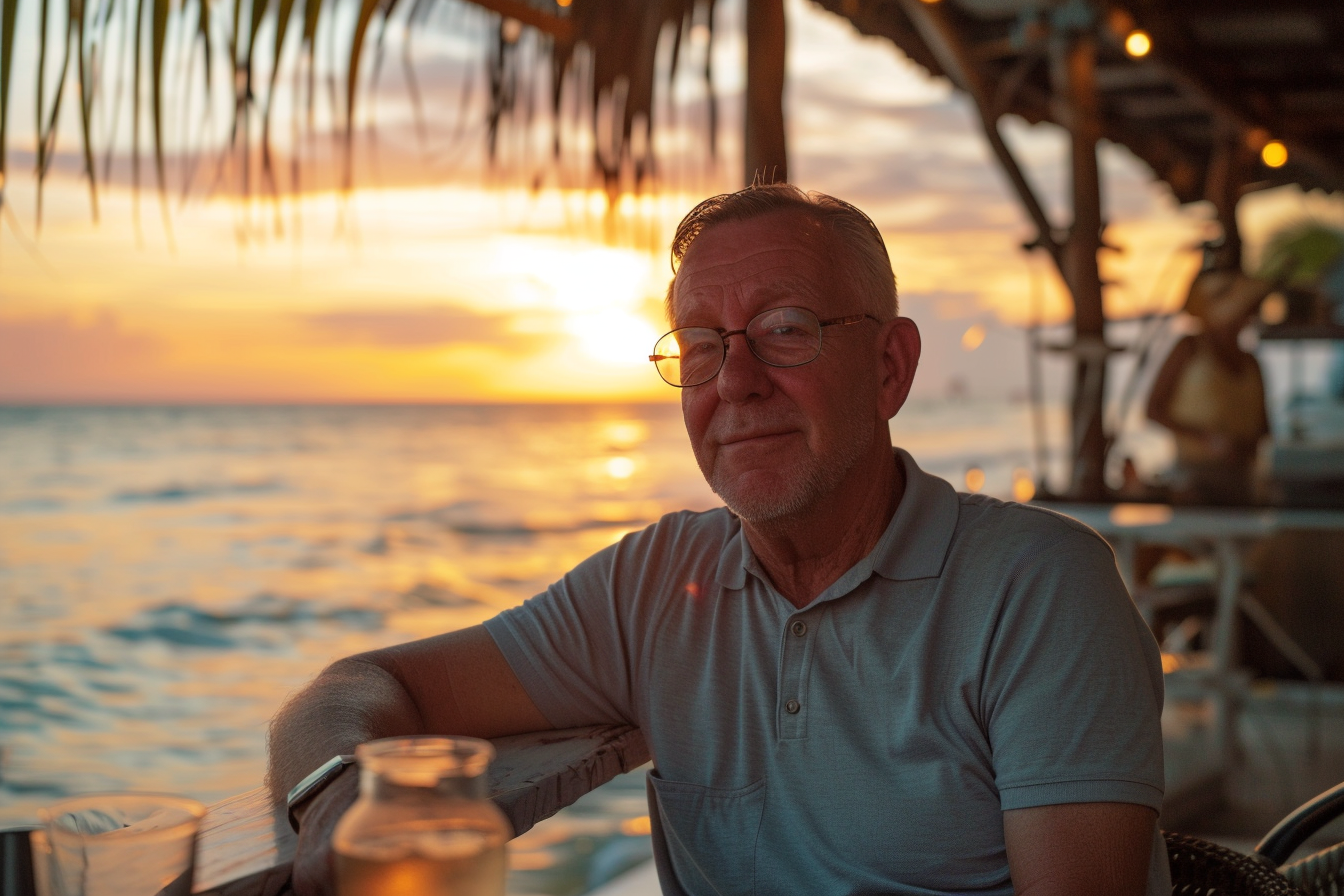 Image gratuite Homme appréciant un cocktail au bar de la plage au coucher du soleil 2