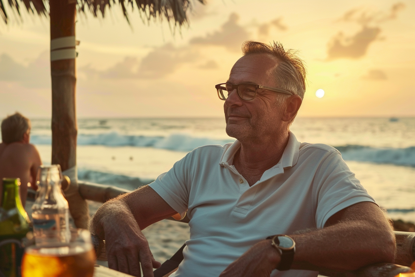 Image gratuite Homme appréciant un cocktail au bar de la plage au coucher du soleil 3