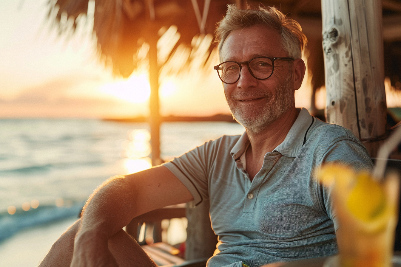 Image gratuite Homme appréciant un cocktail au bar de la plage au coucher du soleil 4