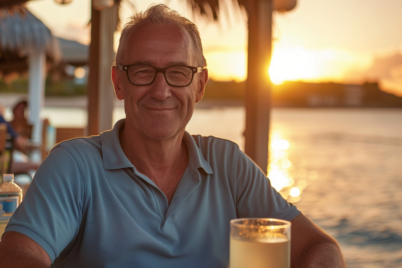 Image gratuite Homme appréciant un cocktail au bar de la plage au coucher du soleil 5