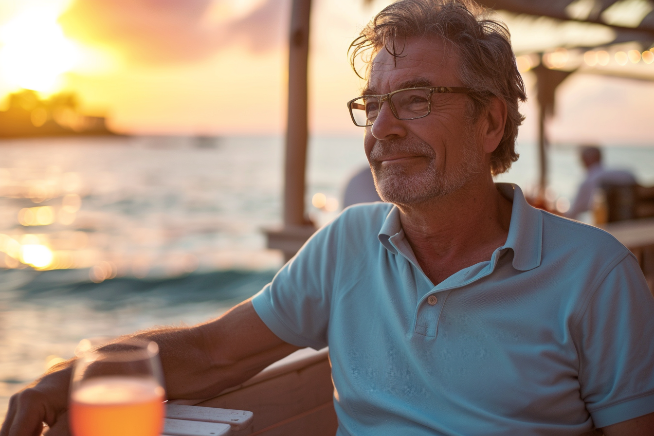 Image gratuite Homme appréciant un cocktail au bar de la plage au coucher du soleil 6