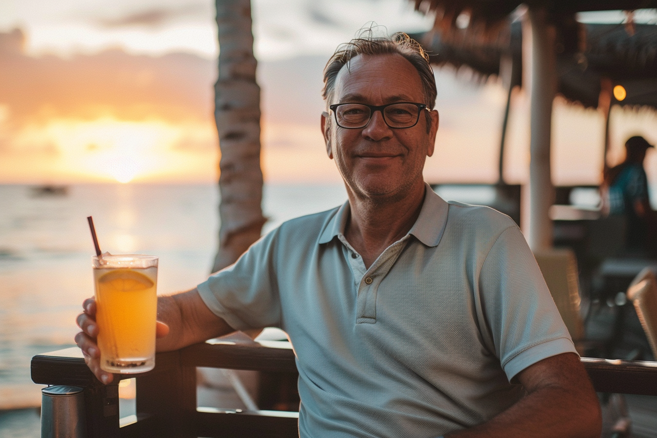 Image gratuite Homme appréciant un cocktail au bar de la plage au coucher du soleil 8