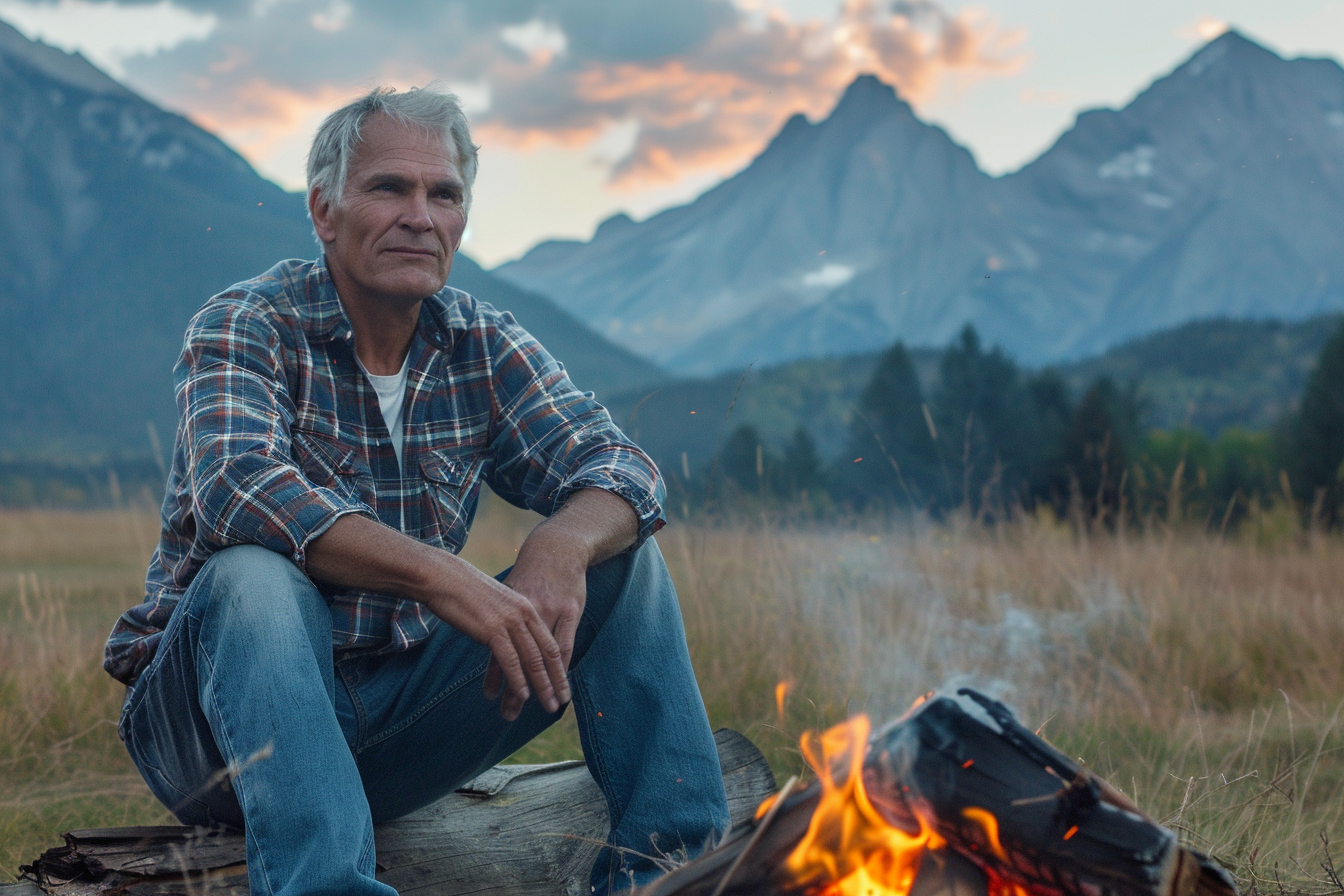 Image gratuite Homme assis près d&rsquo;un feu de camp à la montagne 4