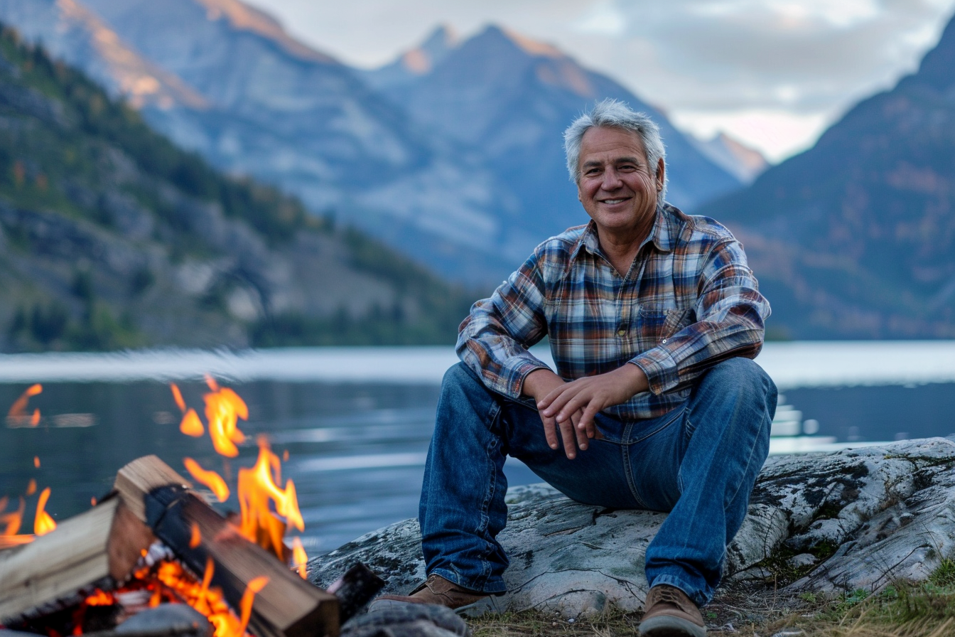 Image gratuite Homme assis près d&rsquo;un feu de camp à la montagne 6