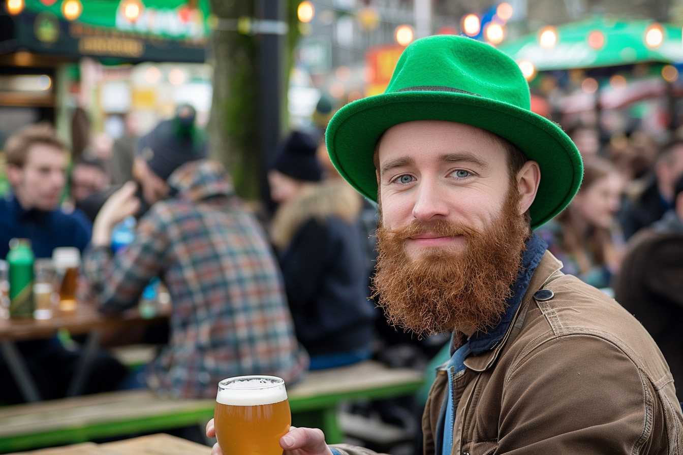 Image gratuite Homme barbu, chapeau vert, pinte bière, jardin à bière bondé 1