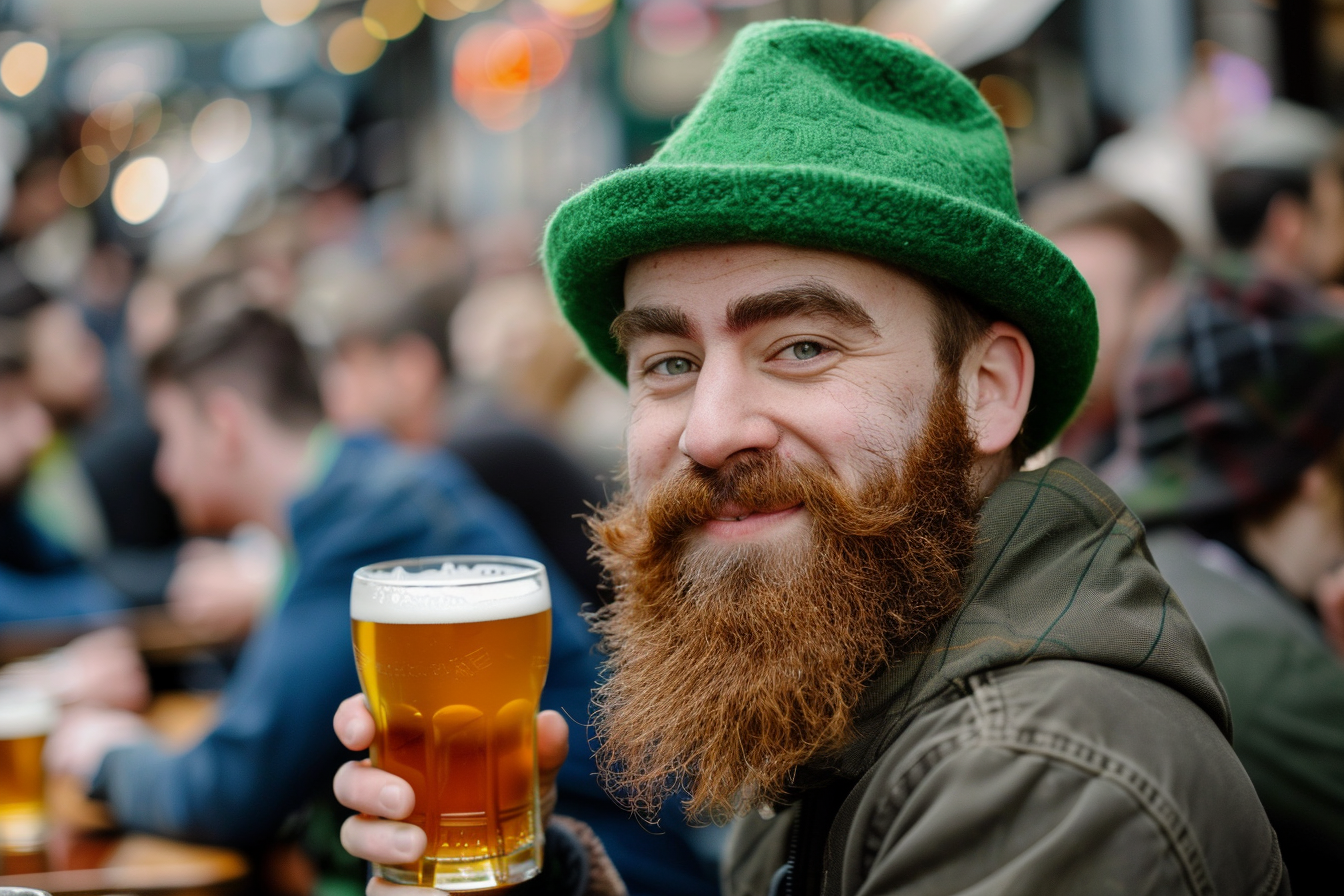 Image gratuite Homme barbu, chapeau vert, pinte bière, jardin à bière bondé 2