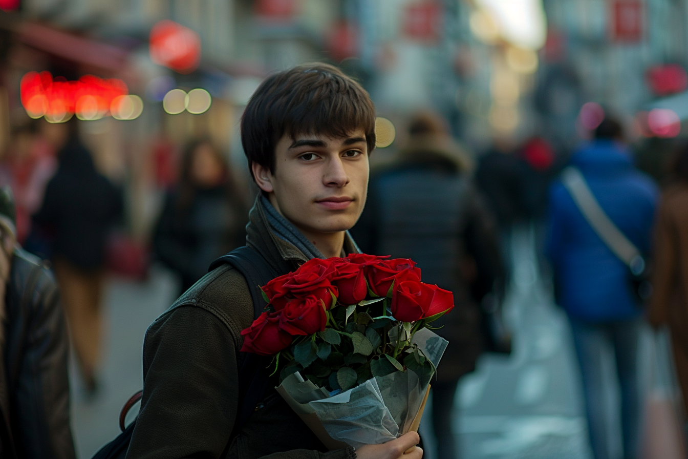 Image gratuite Homme, bouquet roses, place ville animée 1