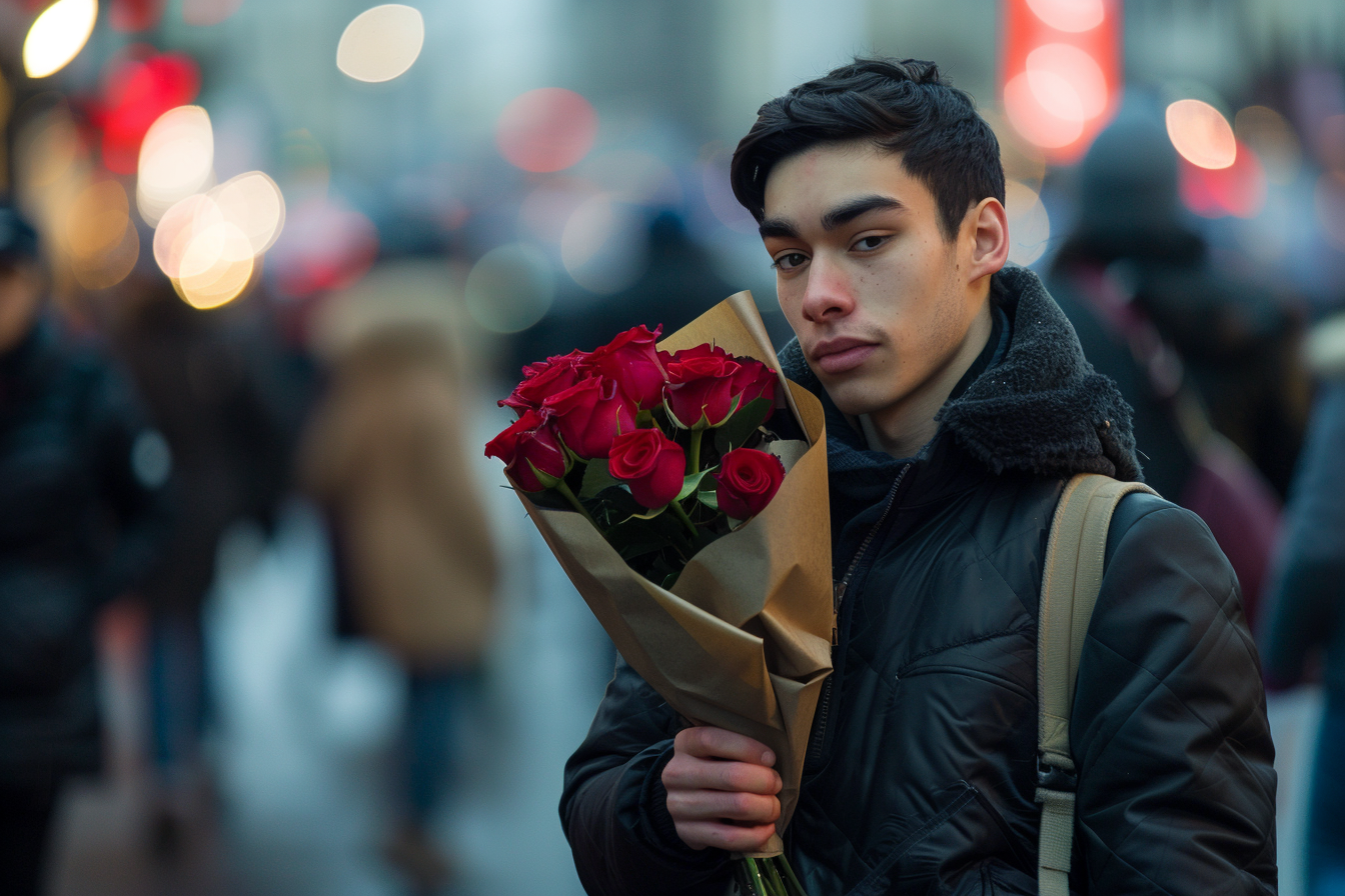 Image gratuite Homme, bouquet roses, place ville animée 2