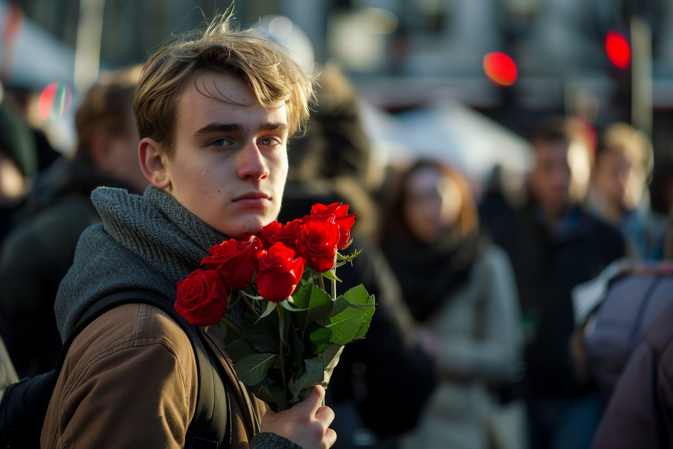 Image gratuite Homme, bouquet roses, place ville animée 3