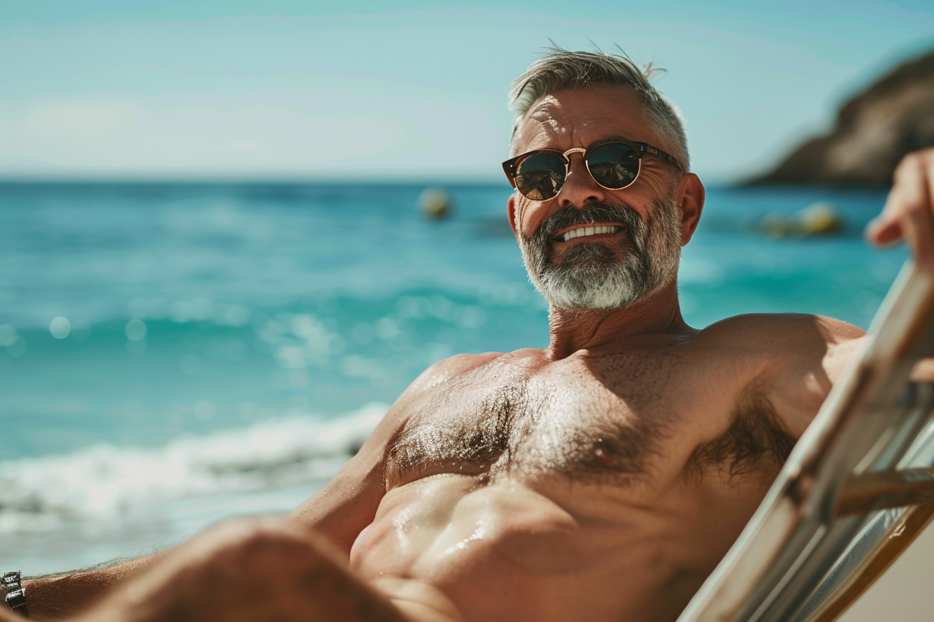 Image gratuite Homme bronzant sur une chaise longue près de la plage 1