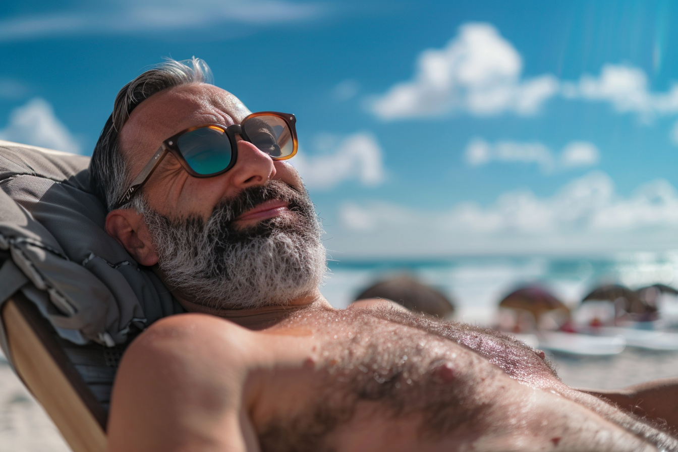Image gratuite Homme bronzant sur une chaise longue près de la plage 3