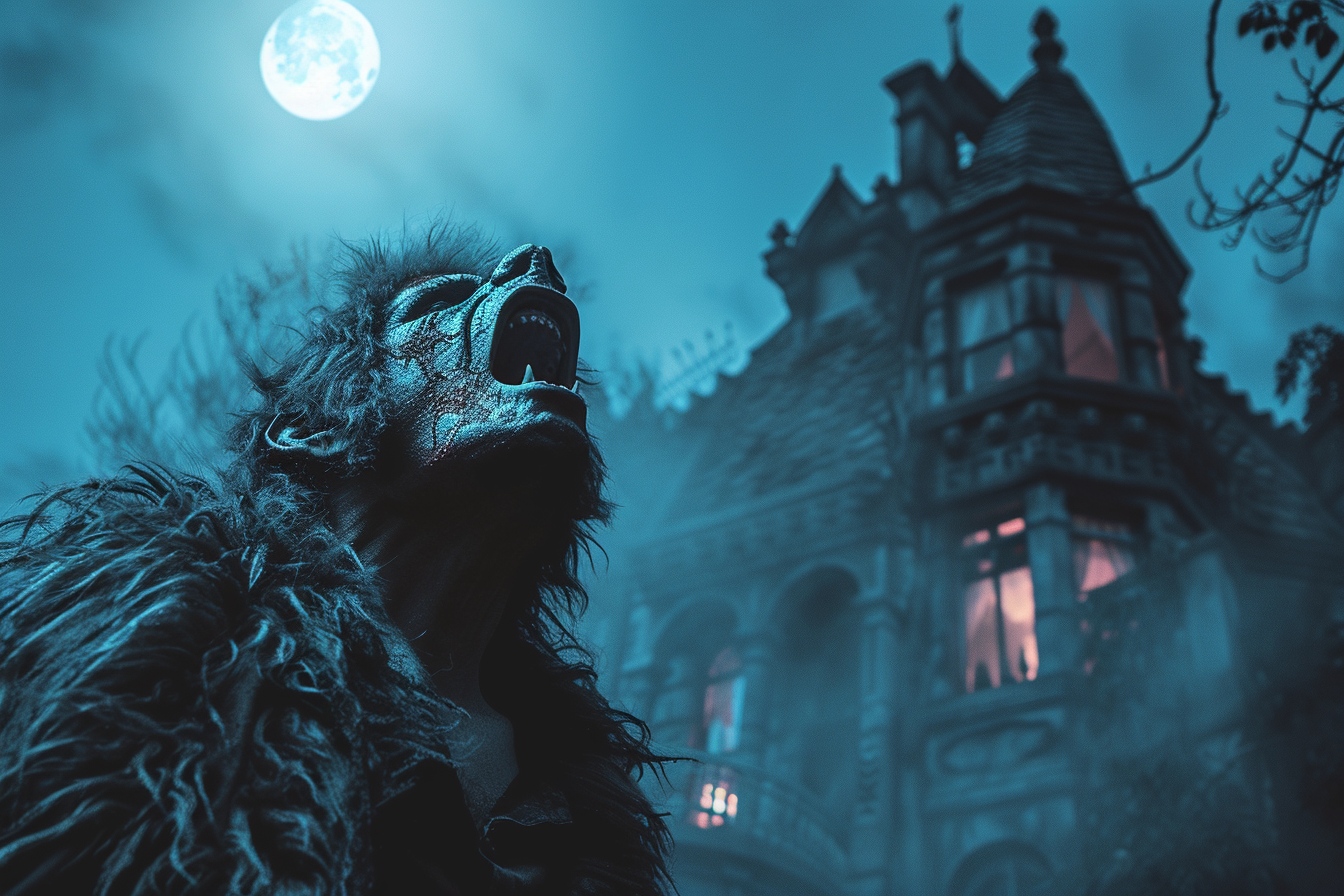Image gratuite Homme, costume loup-garou, hurlant lune, colline, maison hantée 1