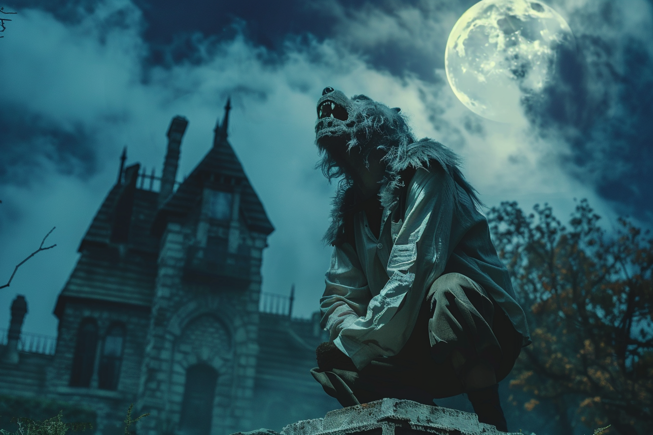 Image gratuite Homme, costume loup-garou, hurlant lune, colline, maison hantée 2