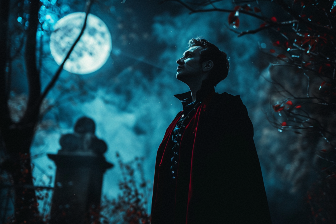 Image gratuite Homme, costume vampire, forêt hantée, pleine lune 1