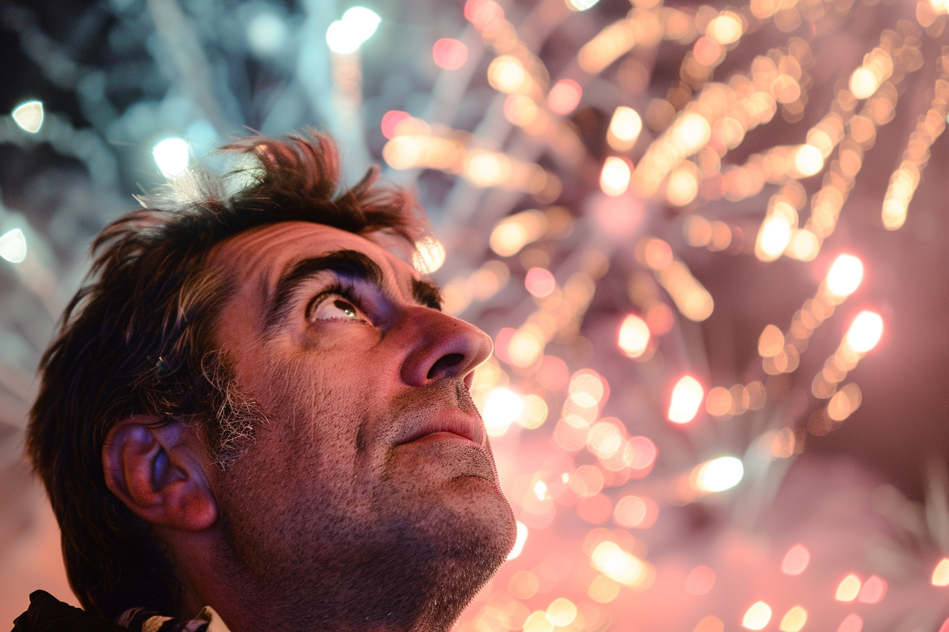 Image gratuite Homme émerveillé devant les feux d&rsquo;artifice du 14 juillet 1