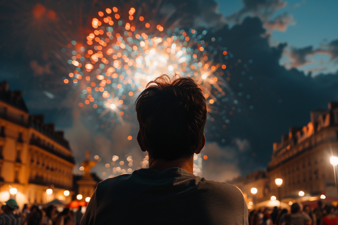 Image gratuite Homme émerveillé devant les feux d&rsquo;artifice du 14 juillet 2