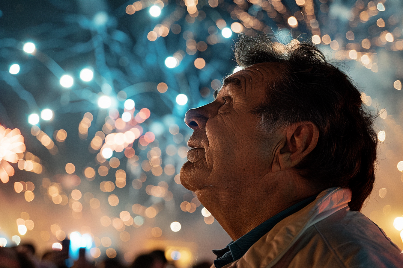 Image gratuite Homme émerveillé devant les feux d&rsquo;artifice du 14 juillet 3
