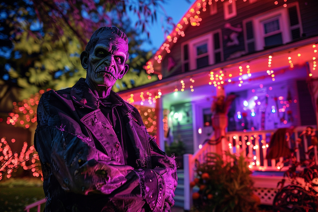 Image gratuite Homme Frankenstein, posant, maison décorée, lumières 1
